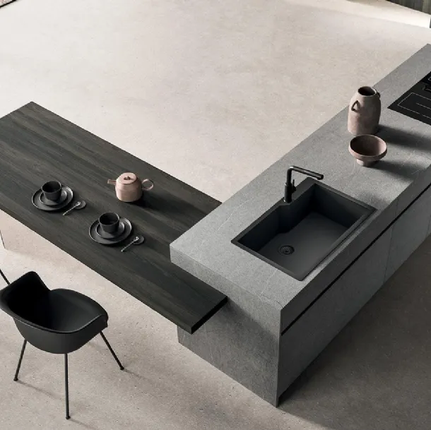 Cucina Design con isola in laminato effetto pietra e penisola in laminato effetto legno HC-08 Minimal Design 04 di Astra
