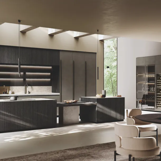 Cucina Design in laccato Metal con isola Bluna Legno Rigato di Binova