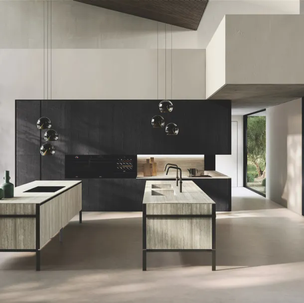 Cucina Design in bilaminato Rovere Black con doppia isola Lab Gres di Binova