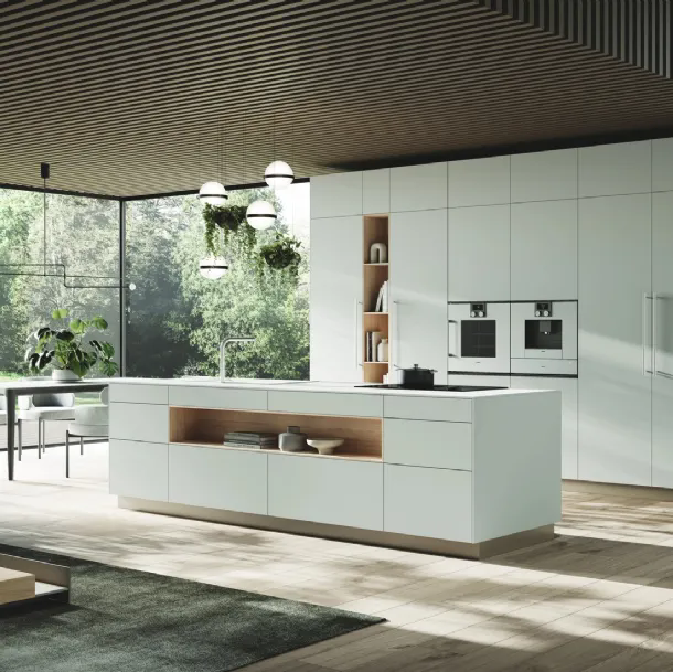 Cucina Moderna con isola Ménta in laminato PET opaco Bianco Nordico di Miton
