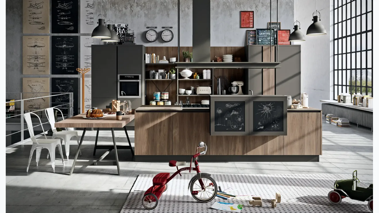 Cucina Moderna con isola SP-22 Industrial 03 in Noce Brianza e laccato di Astra