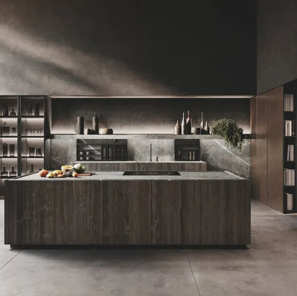 Cucina Design con isola in legno di Abete Nero e gres finitura marble grey e colonne in laccato metal Bluna Metal 4|0 di Binova