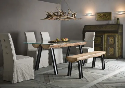 Tavolo con Struttura in Metallo e Legno e Piano in Vetro