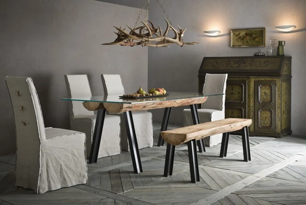 Tavolo con Struttura in Metallo e Legno e Piano in Vetro