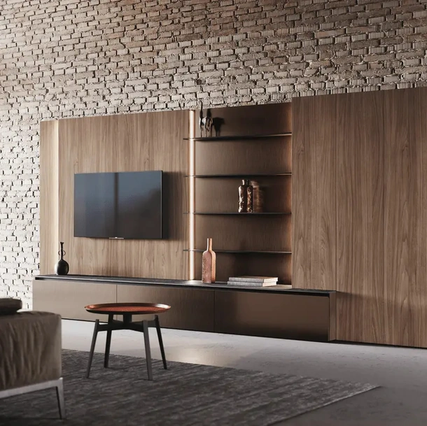 Parete Attrezzata Bluna Tech in finitura alluminio brunito e legno di Binova