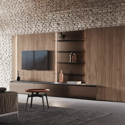 Parete Attrezzata Bluna Tech in finitura alluminio brunito e legno di Binova