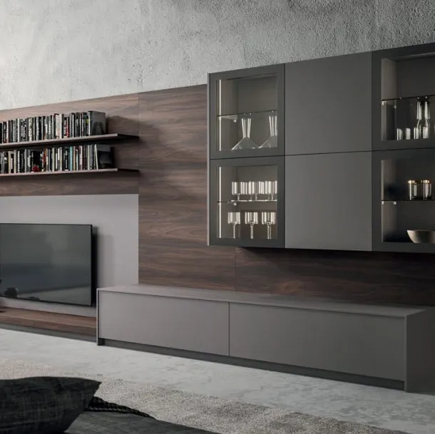 Parete Attrezzata Living T05 in Fenix Grigio Londra e melaminico Noce dark di Gentili Cucine