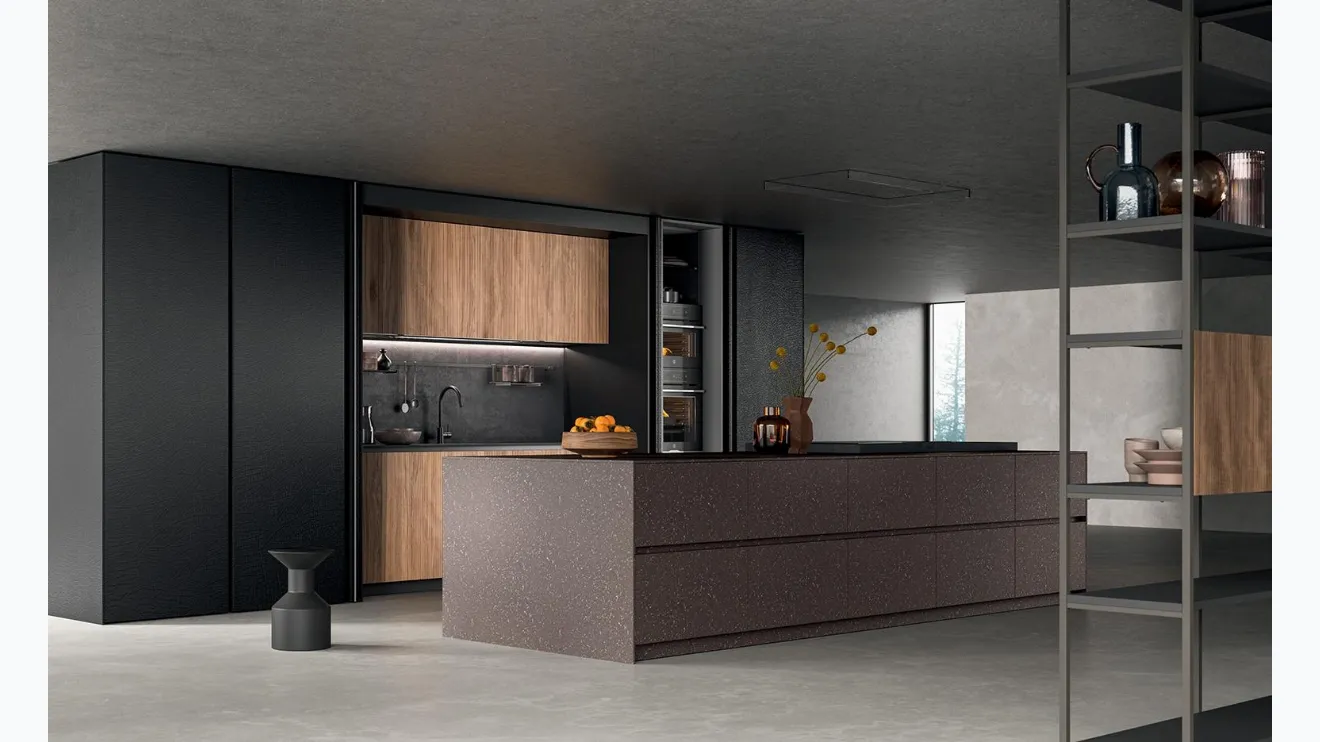 Cucina Design con isola HC-08 Minimal Design 02 in laccato speciale pietra e krekelle di Astra