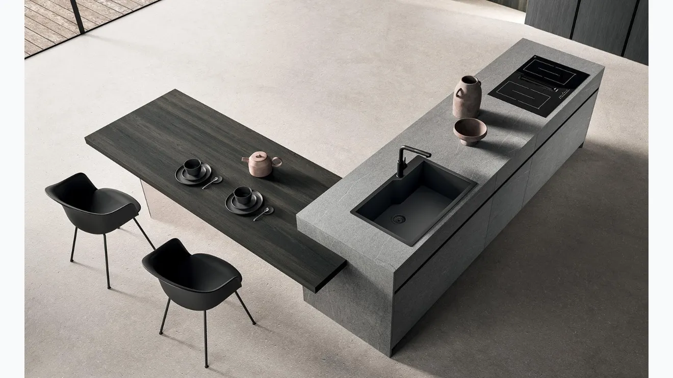 Cucina Design con isola in laminato effetto pietra e penisola in laminato effetto legno HC-08 Minimal Design 04 di Astra