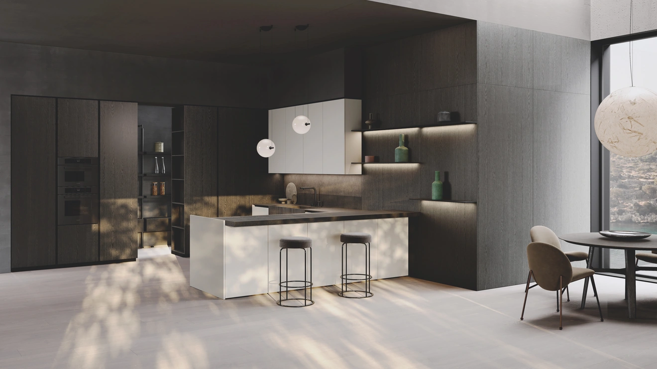 Cucina Design con penisola Balance Superlac in laccato e bilaminato rovere di Binova