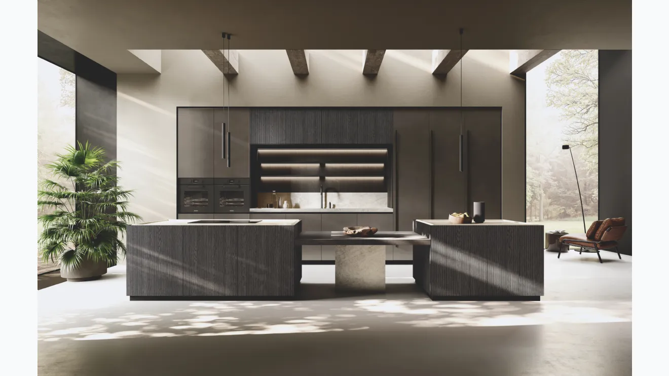 Cucina Design in laccato Metal con isola Bluna Legno Rigato di Binova
