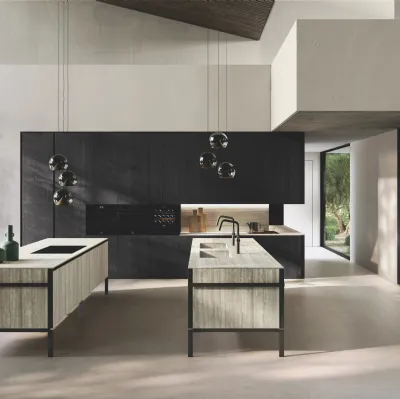 Cucina Design in bilaminato Rovere Black con doppia isola Lab Gres di Binova