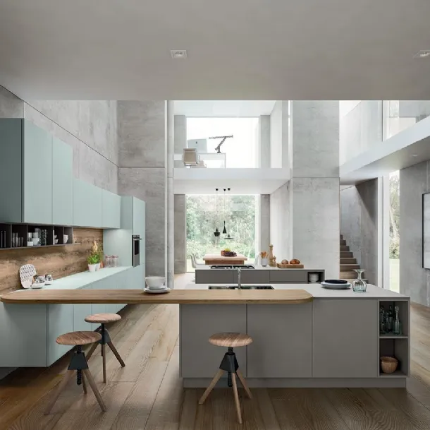 Cucina Design con isola e penisola XXL 03 Vitrum in laccato opaco Londra e vetro di Astra