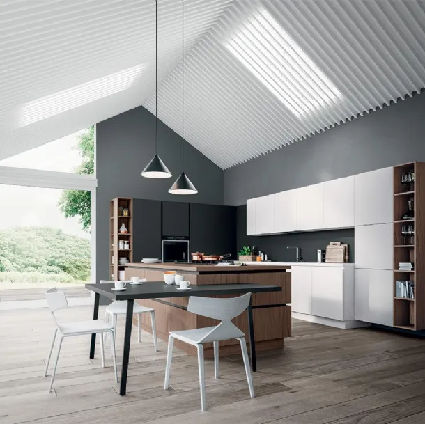 Cucina Design in laminato Fenix Bianco e Nero con isola in legno impiallacciato Noce Brianza XXL 06 di Astra