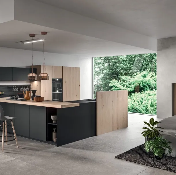 Cucina Moderna con penisola Time 04 in vetro Nero opaco e impiallacciato Rovere nordico nodato di Gentili Cucine