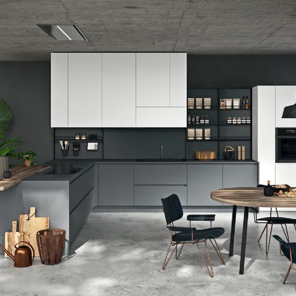 Cucina Moderna angolare con penisola Line 04 in laccato opaco Bianco e Bromo di Astra