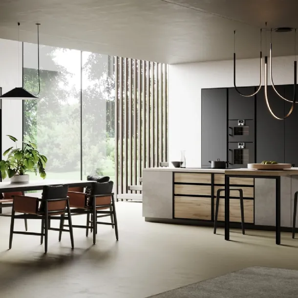 Cucina Moderna con isola Ménta in bilaminato Beton Giove, laminato PET Nero Onice e bilaminato Rovere di Miton