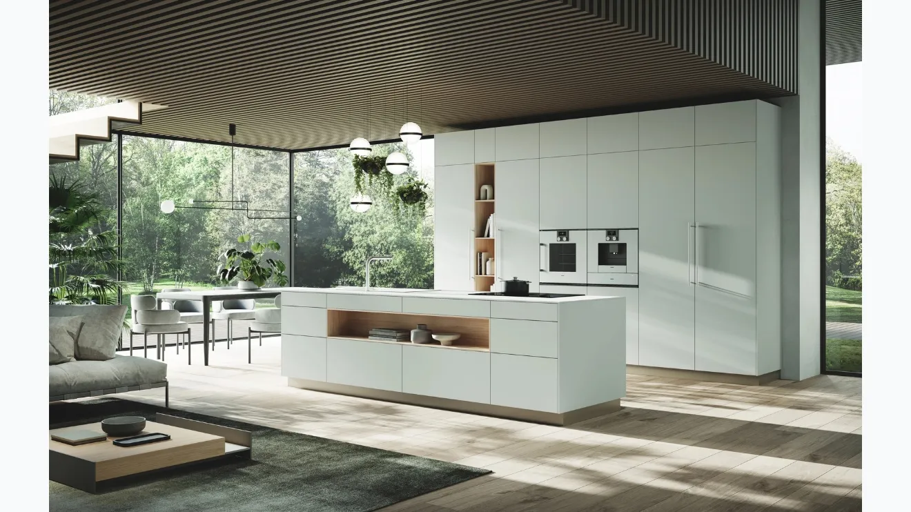 Cucina Moderna con isola Ménta in laminato PET opaco Bianco Nordico di Miton