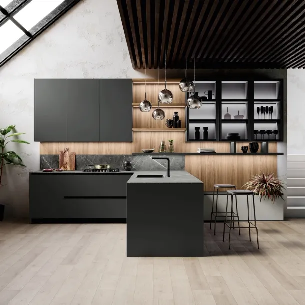 Cucina Moderna con penisola Ménta in bilaminato Grigio Medio di Miton