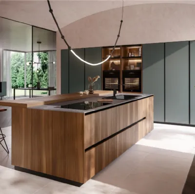 Cucina Moderna con isola Ménta in bilaminato Legno Noce Cordesco di Miton