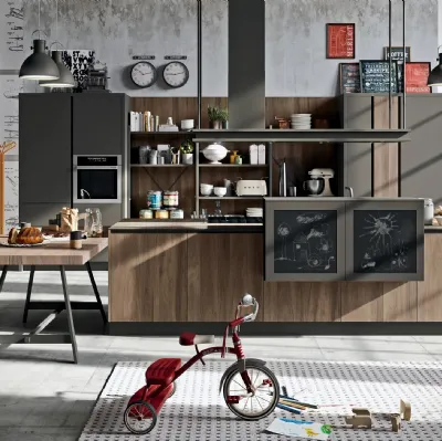 Cucina Moderna con isola SP-22 Industrial 03 in Noce Brianza e laccato di Astra
