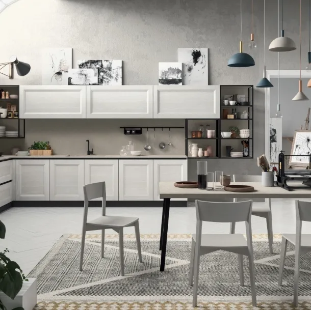 Cucina su misura angolare Ego 03 in laminato finitura Frassino Bianco e Resina Sabbia di Astra