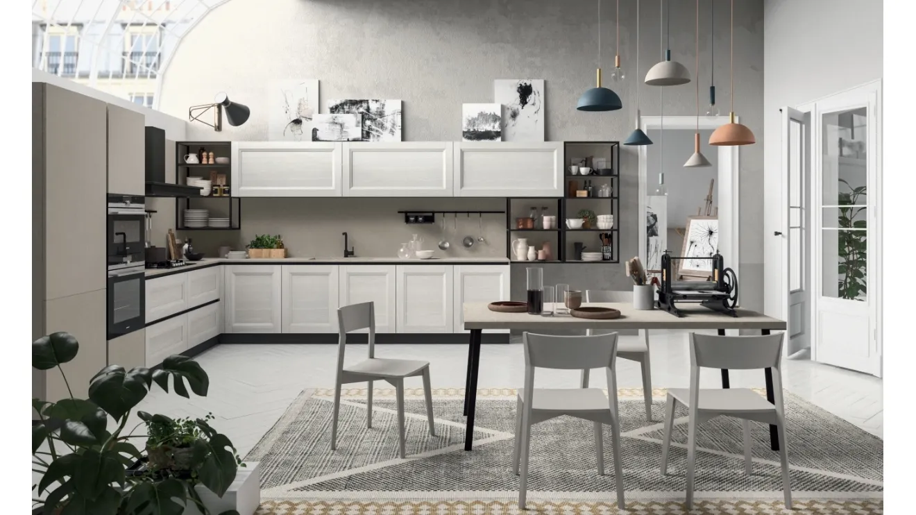 Cucina su misura angolare Ego 03 in laminato finitura Frassino Bianco e Resina Sabbia di Astra